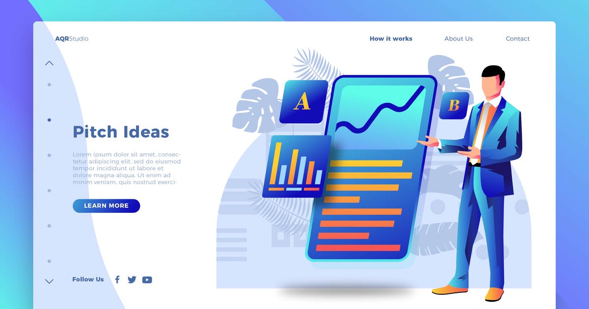投资策划理念概念插画网站Banner＆着陆页设计模板 Pitch Ideas – Banner & Landing Page