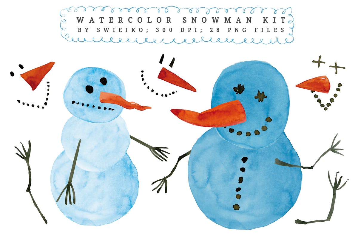 圣诞节水彩雪人设计素材 Watercolor Snowman kit