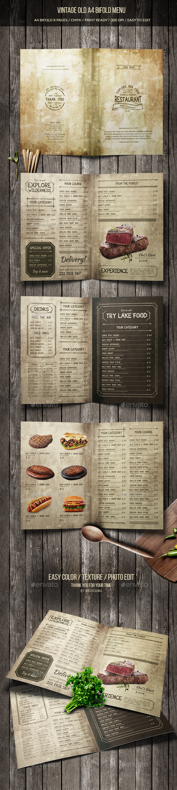 老式食物菜单8页画册模板下载 Vintage Old A4 Bifold Menu (8 pages) [psd]