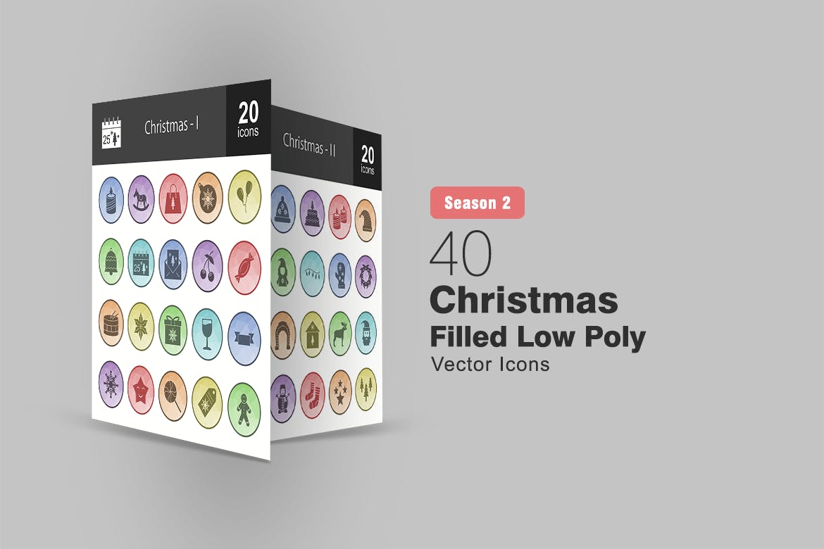 40枚圣诞节多边形填充色矢量图标 40 Christmas Filled Low Poly Icons