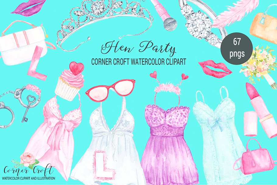 舞会/聚会装扮水彩剪贴画 Watercolor Hen Party Clipart