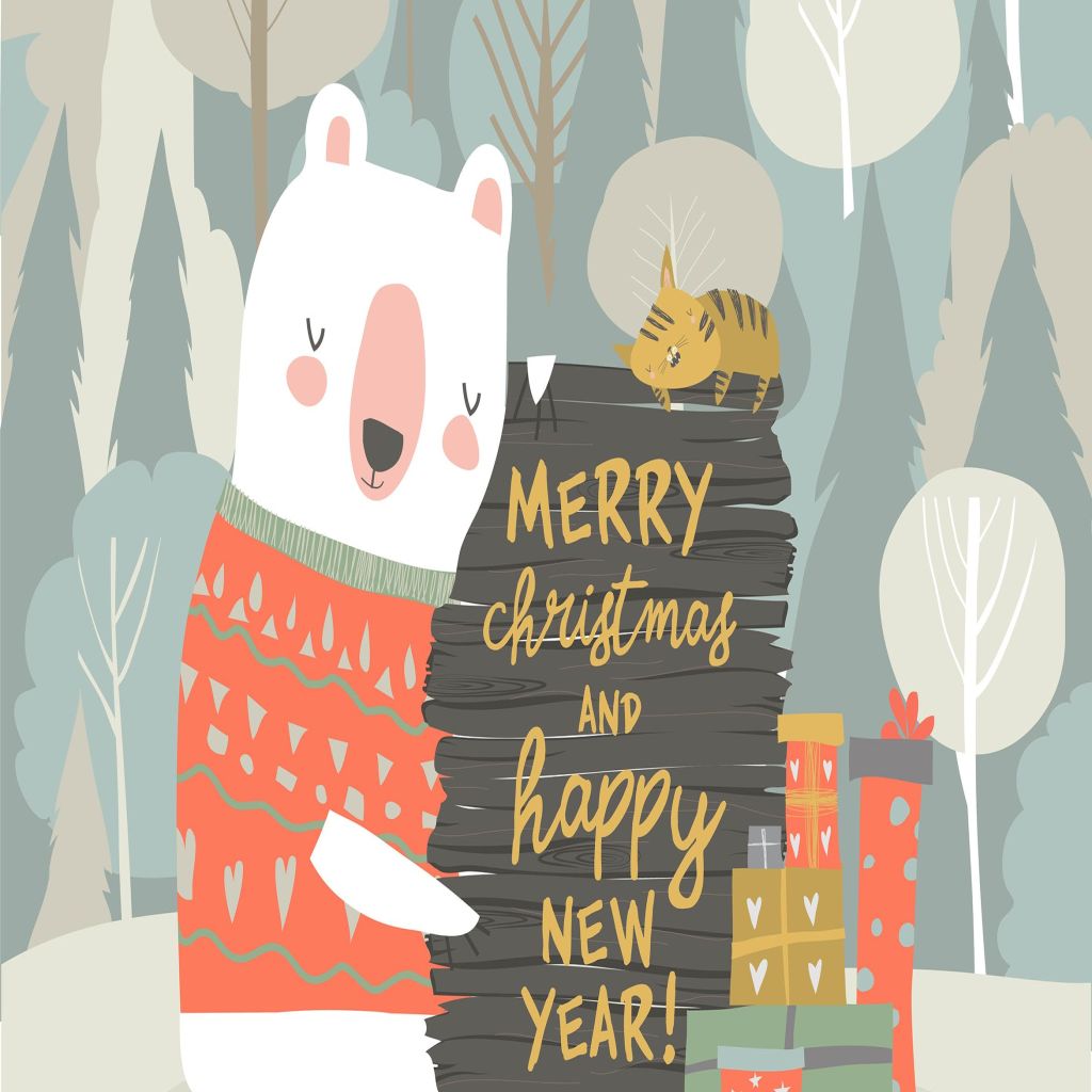 可爱的卡通熊形象圣诞节庆祝主题矢量手绘素材 Cute cartoon bear celebrating Christmas. Vector插图
