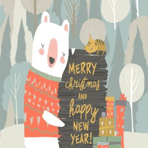 可爱的卡通熊形象圣诞节庆祝主题矢量手绘素材 Cute cartoon bear celebrating Christmas. Vector