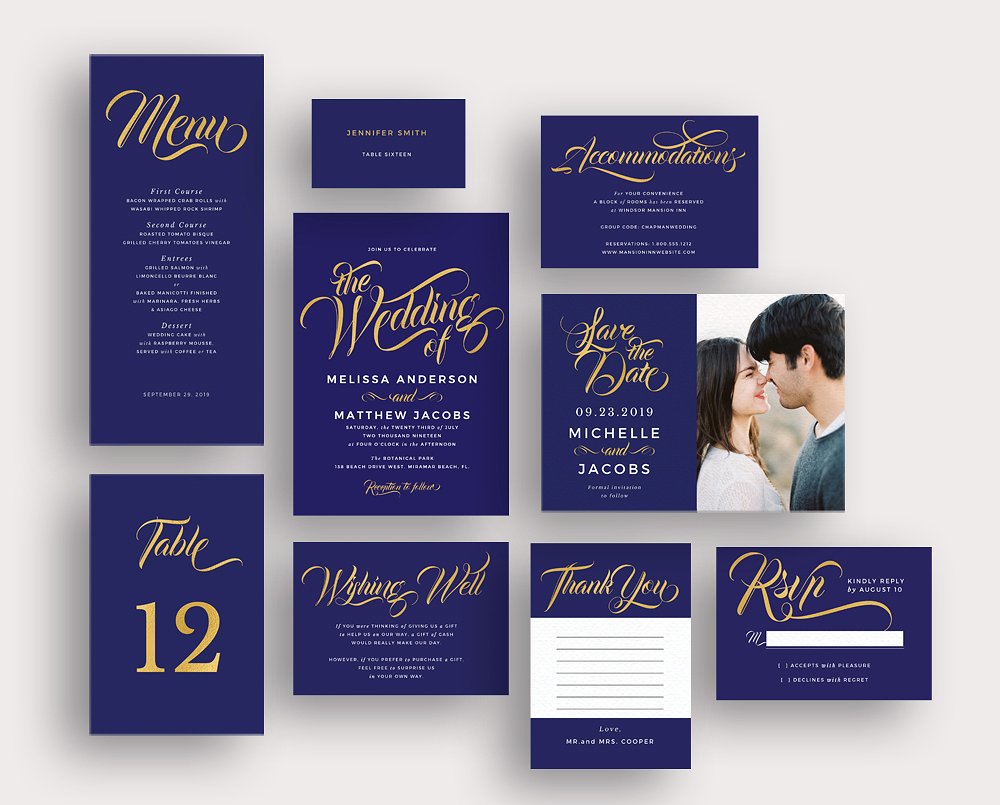 现代风格金蓝配色婚礼邀请函模板集 Modern gold blue calligraphy invites