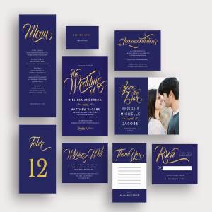 现代风格金蓝配色婚礼邀请函模板集 Modern gold blue calligraphy invites