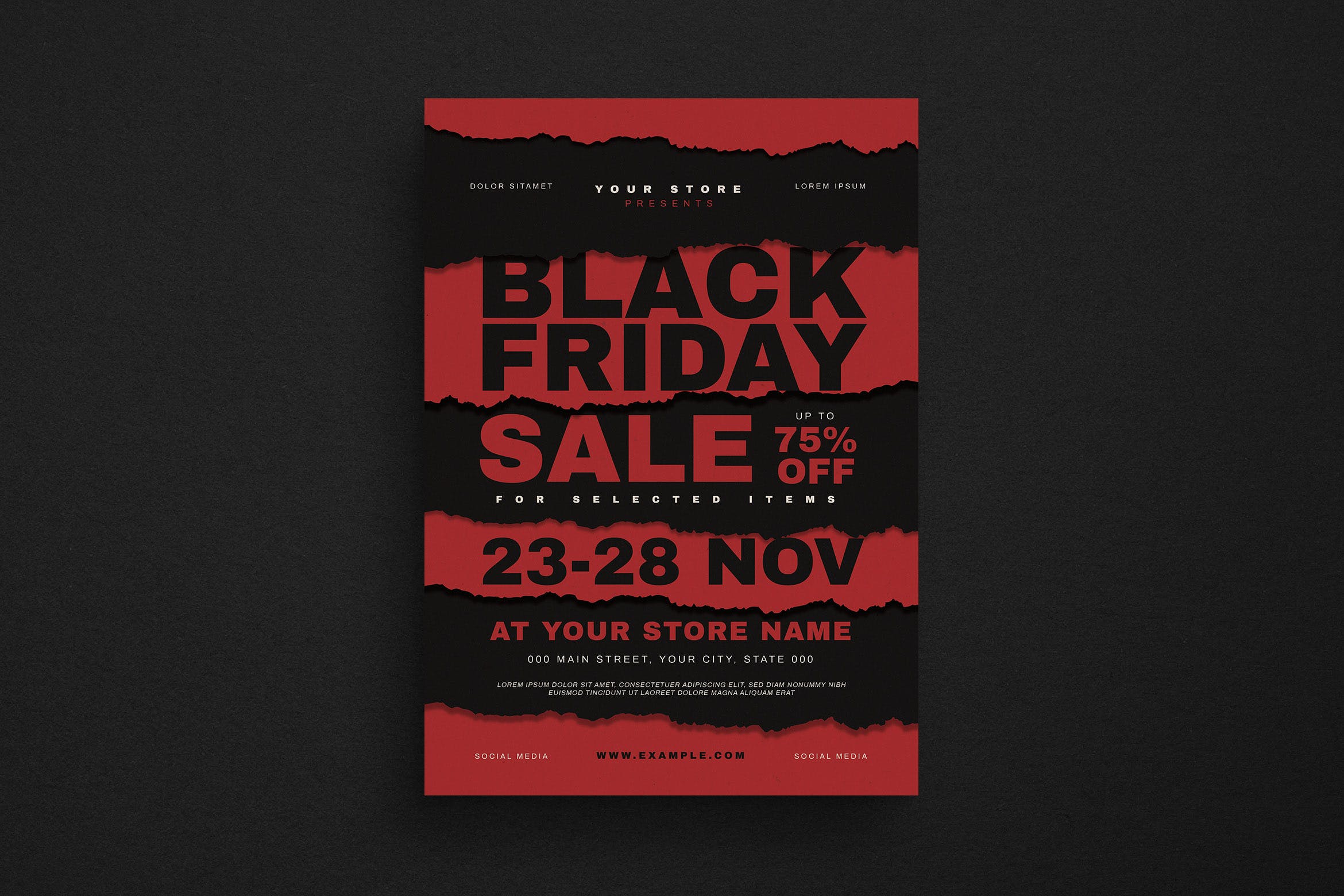 红黑配色撕纸风格黒五促销广告海报传单模板 Black Friday Event Flyer
