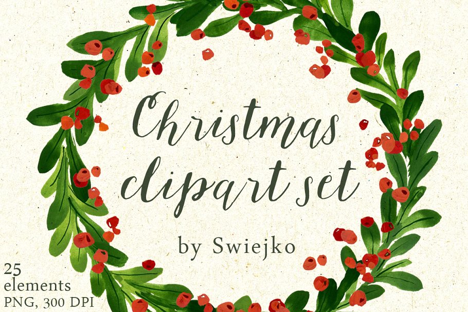 手绘水彩圣诞元素花环剪贴画 Christmas wreaths clipart