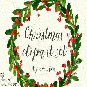 手绘水彩圣诞元素花环剪贴画 Christmas wreaths clipart