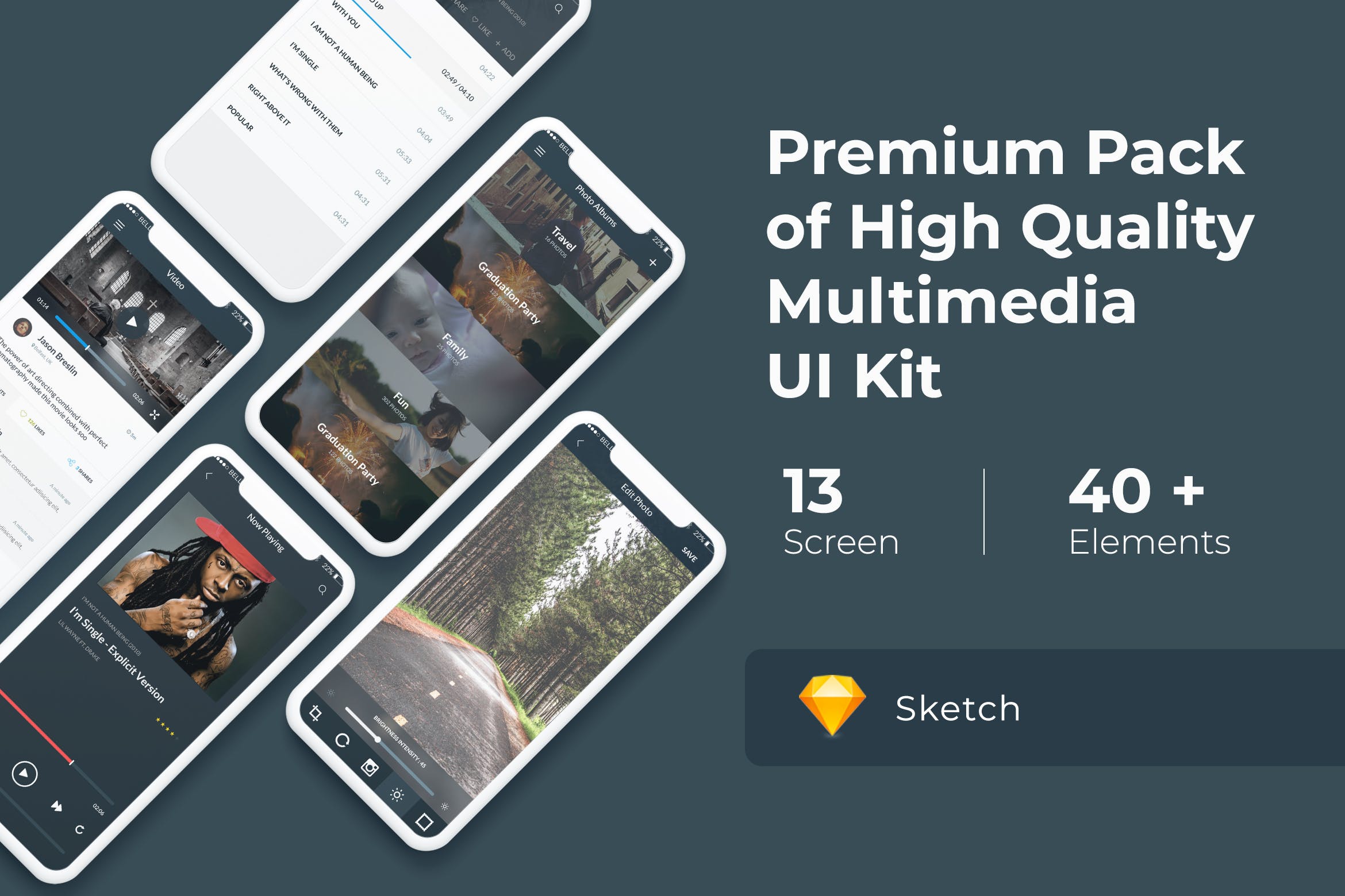 多媒体娱乐类型APP应用UI界面设计套件 Multimedia and Entertaintment UI KIT for Sketch