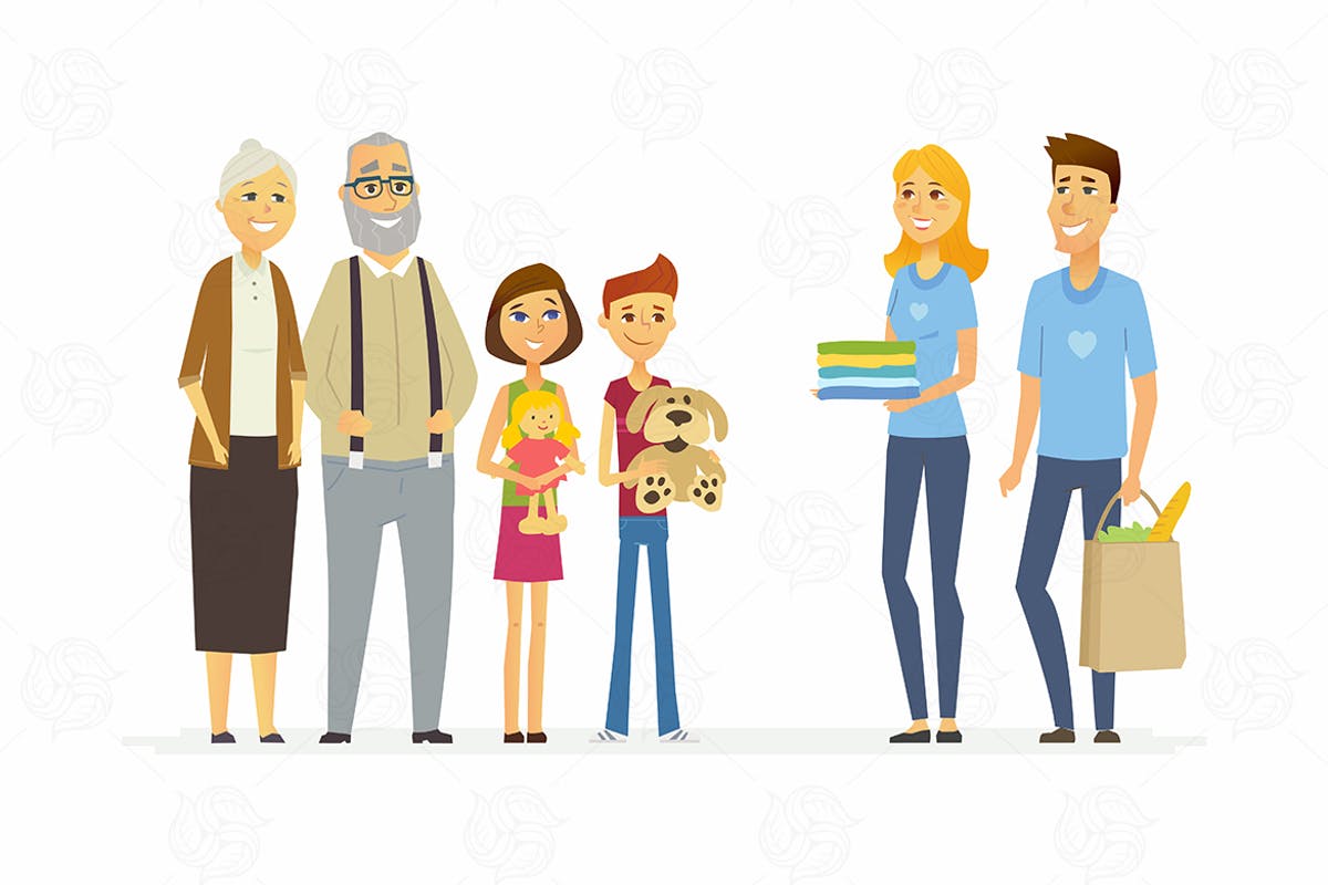 志愿者服务概念插画矢量素材 Volunteers help children & seniors – illustration