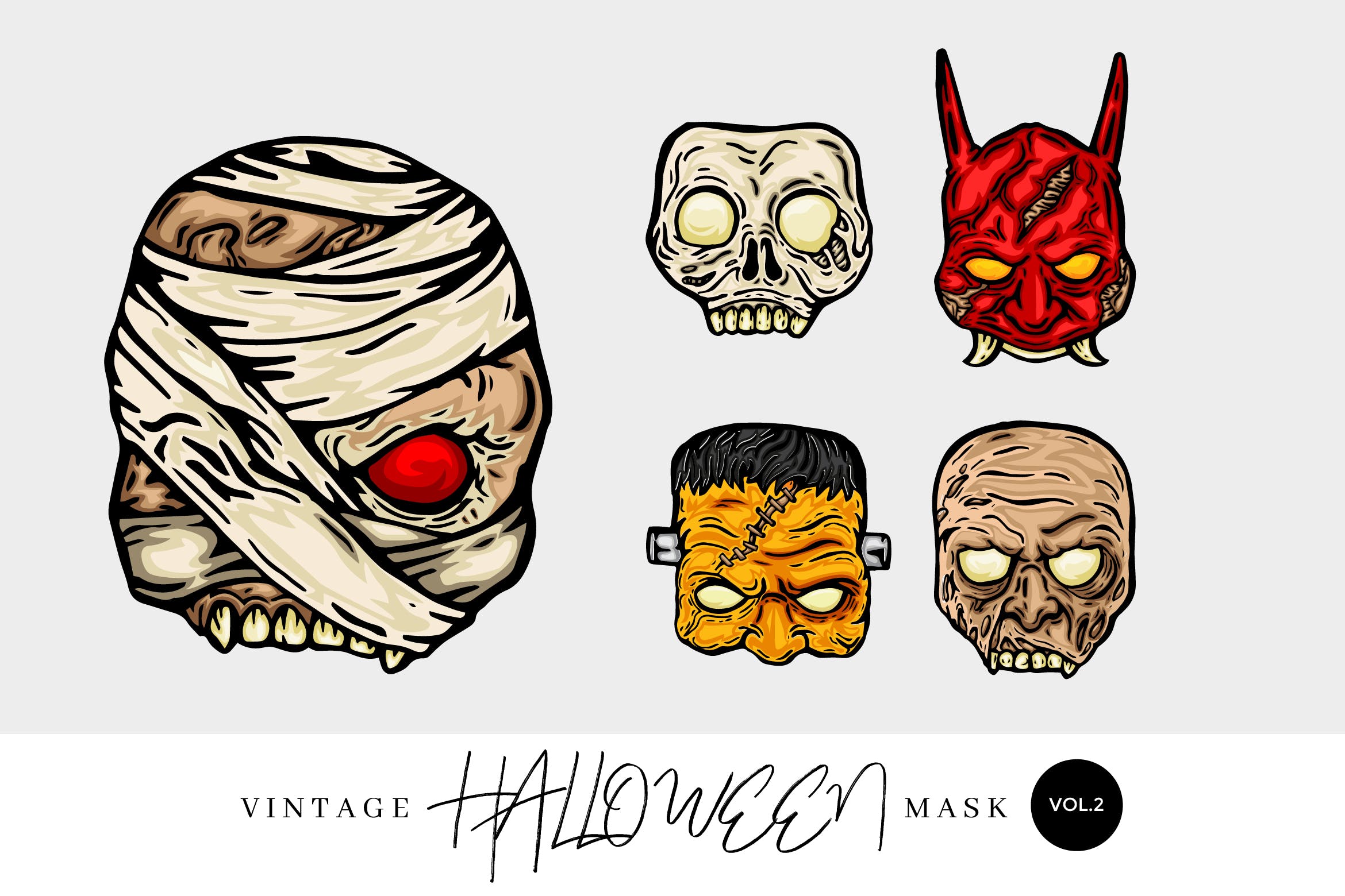 5个万圣节复古设计风格手绘面具矢量图形素材v1 5 Vintage Hand Drawing Halloween Mask Vector 1