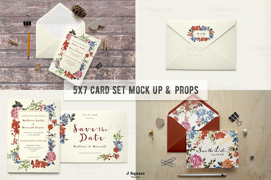 经典贺卡&信封样机模板 Organic-Styled 5×7 Card Set Mock Ups