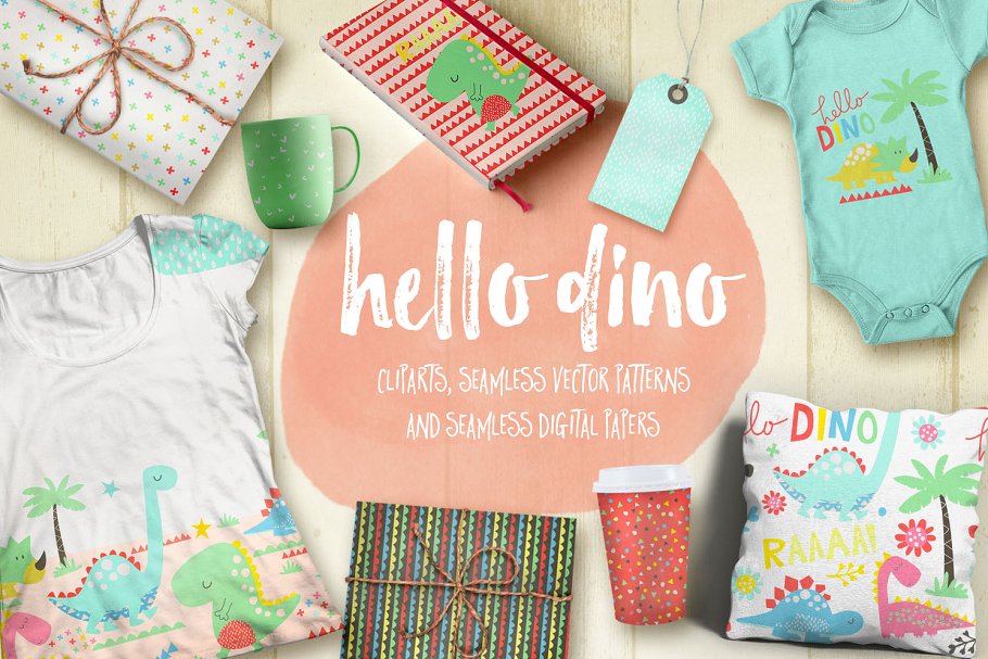 恐龙主题剪贴画无缝矢量图案纹理 Hello Dino Collections