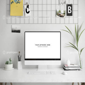 办公桌场景-iMac一体机屏幕演示样机模板 Workspace Scene Mockup – Mac Screen