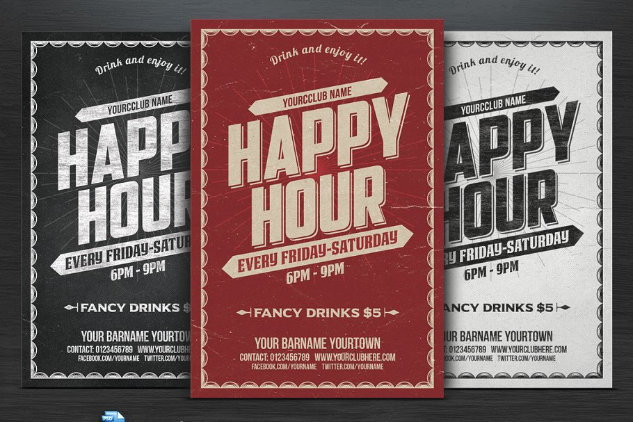 欢乐时光三色派对传单模板 Happy Hour Flyer