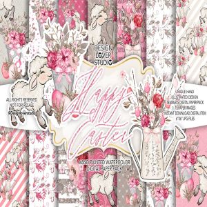 粉红系复活节礼品包装纸张图案纹理套装 Happy Easter Lamb digital paper pack