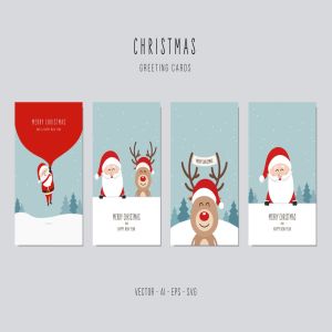 圣诞老人&驯鹿矢量圣诞节贺卡设计模板v2 Christmas Santa Claus and Reindeer Vector Card Set