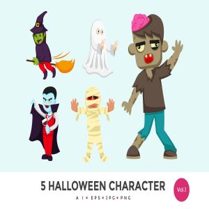 5个万圣节可爱怪物卡通人物矢量图形素材v1 5 Cute Halloween Monster Vector Character Set 1