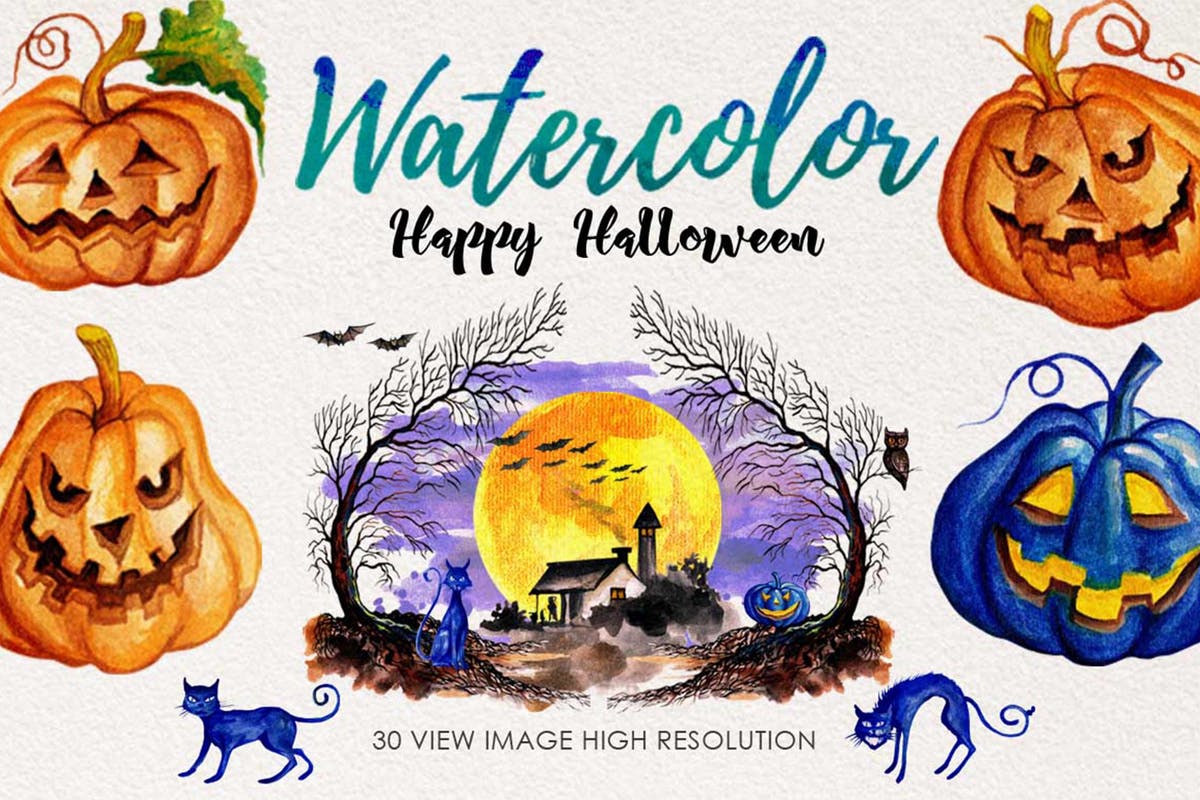 万圣节主题水彩元素插画 Watercolor Happy Halloween