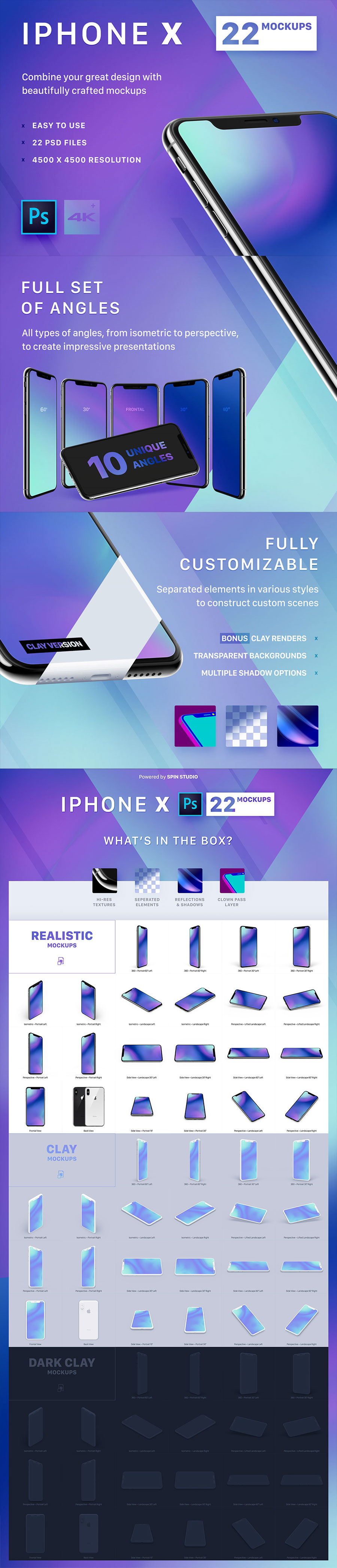 一流设计素材网下午茶：22个多角度iPhone X展示模型Mockups下载[PSD,4K级,黑白灰三色,976MB]