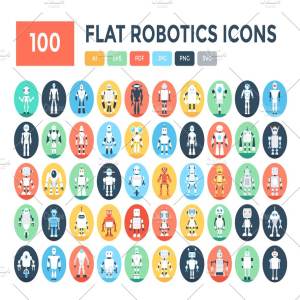 100枚扁平化设计机器人矢量图标 100 Flat Robotics Vector Icons