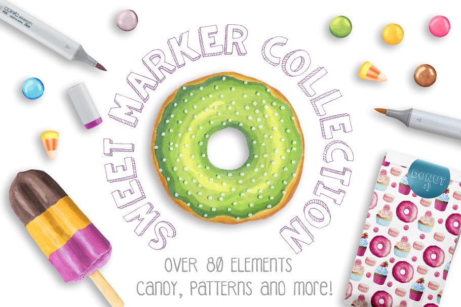 多彩甜蜜糖果天地设计素材包[对象/纹理/边框] Sweet Marker Collection Pro