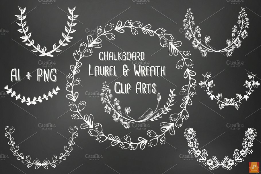 粉笔手绘黑板风格月桂花环剪贴画 Vector PNG Chalkboard style Wreaths
