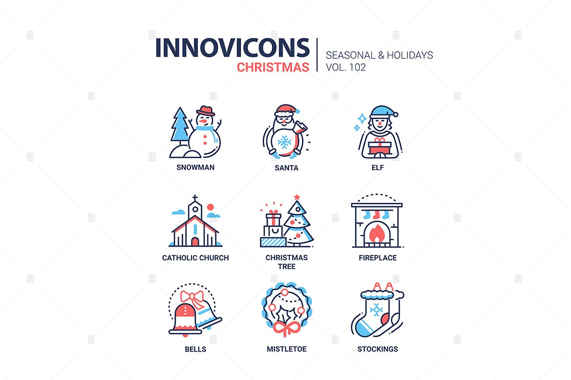 圣诞符号扁平设计风格线性图标素材v1 Christmas symbols line design style icons set