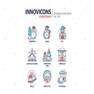 圣诞符号扁平设计风格线性图标素材v1 Christmas symbols line design style icons set