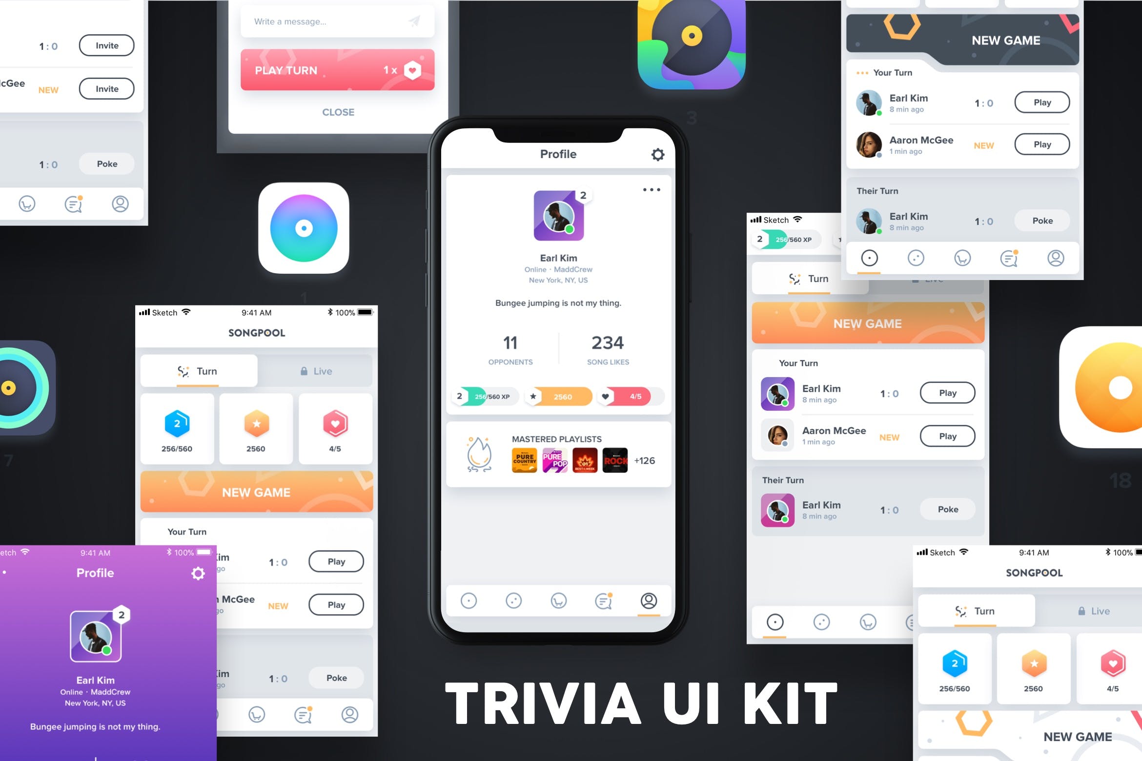 音乐主题智能游戏APP界面设计UI套件 QUIZZ – Trivia Game UI Kit