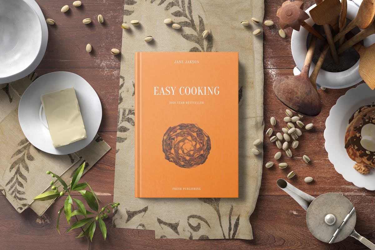 西式食谱厨房场景样机模板 Cook Book Mockup – Kitchen Set