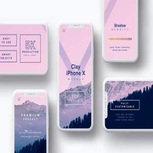 iPhone X智能手机屏幕界面设计多屏预览效果等距网格样机08 Clay iPhone X Mockup 08