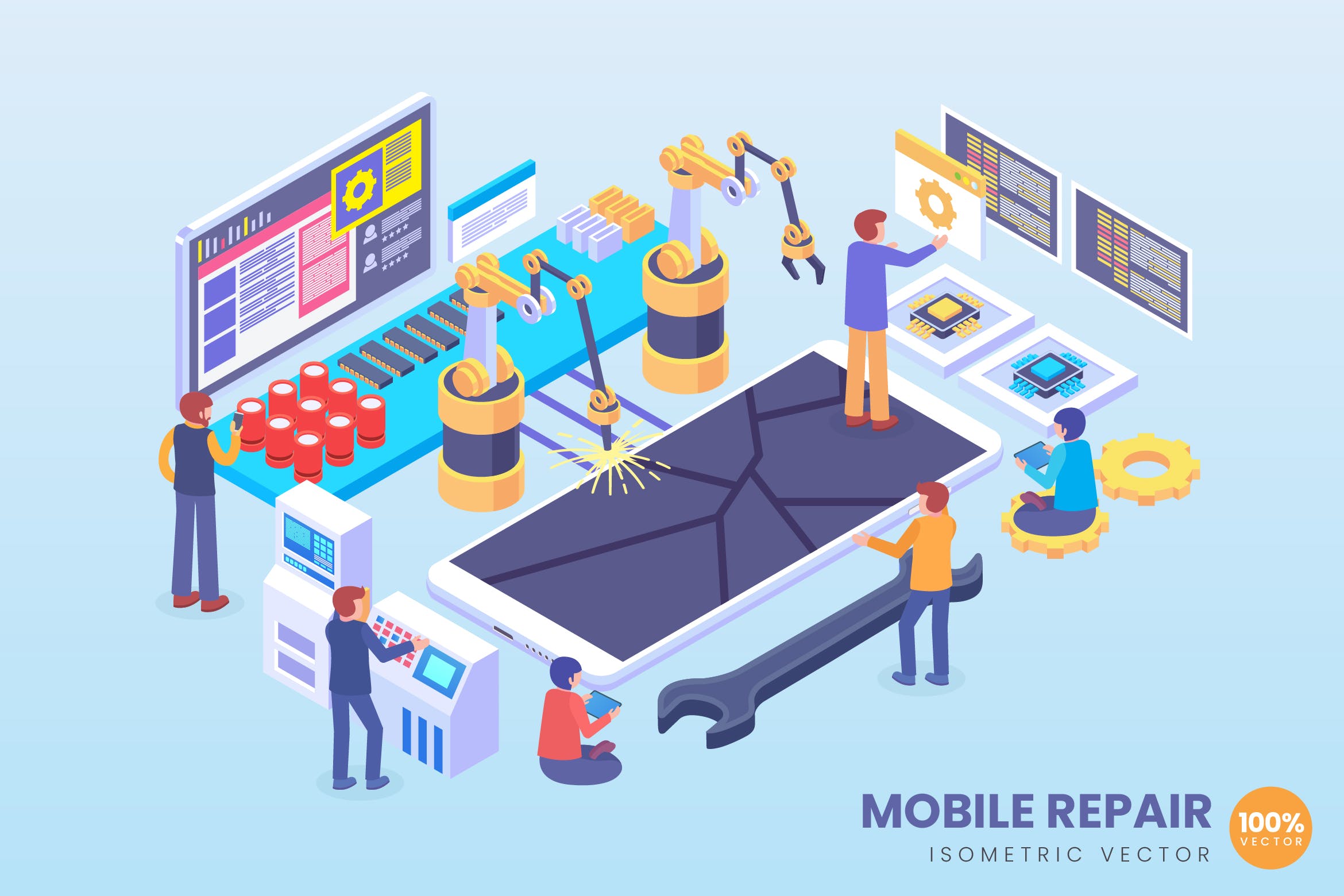 手机维修场景2.5D矢量等距概念插画 Isometric Mobile Phone Repair Vector Concept
