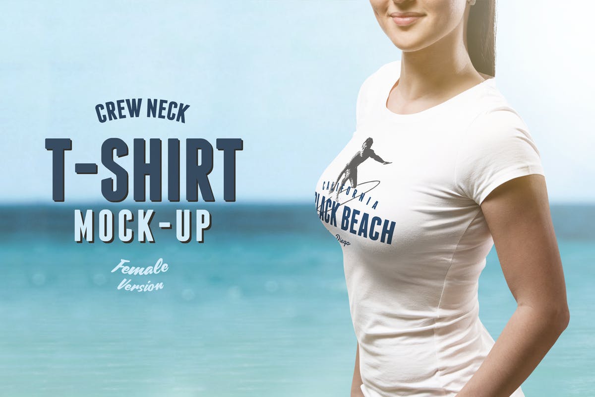 圆领T恤性感模特上身效果样机模板 Crew Neck T-shirt Mock-up Female Version