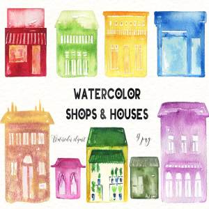 原创水彩商店房屋剪贴画合集 Shops and  houses.watercolor clipart