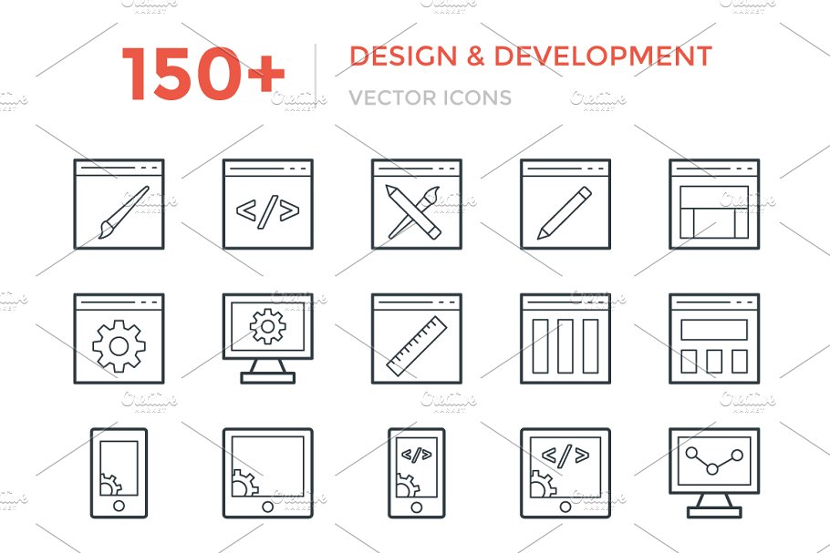 150+互联网技术开发＆软件设计极简线条图标 150+ Design and Development Icon