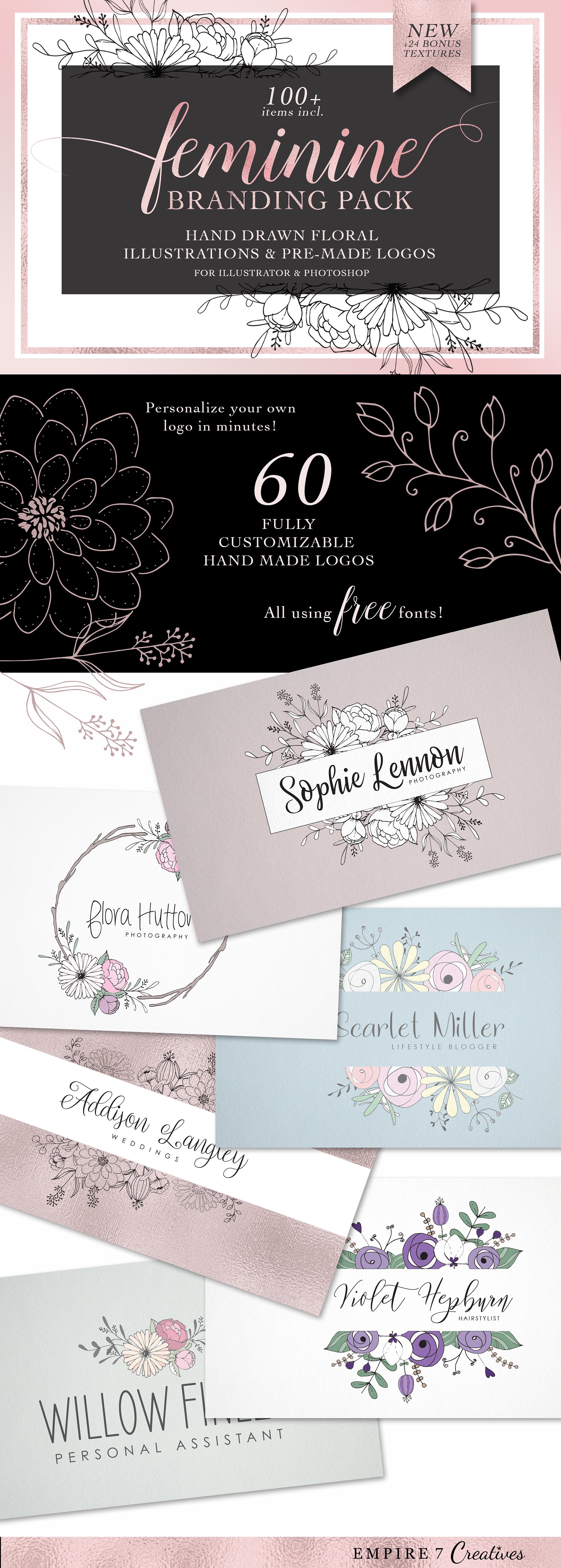 100个简约时尚的手绘女性标志和品牌包装