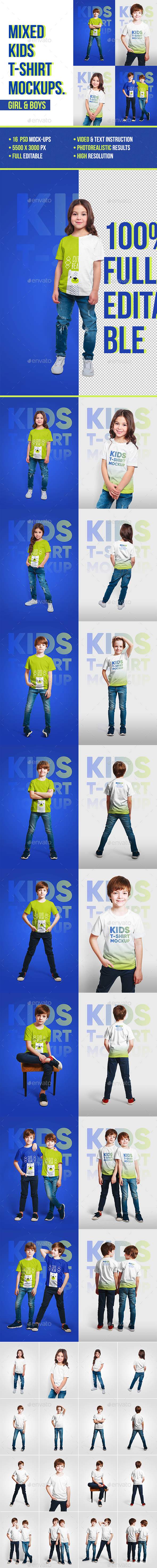 男女混合童装T恤展示样机 Mixed Kids T-Shirt Mockups [psd]