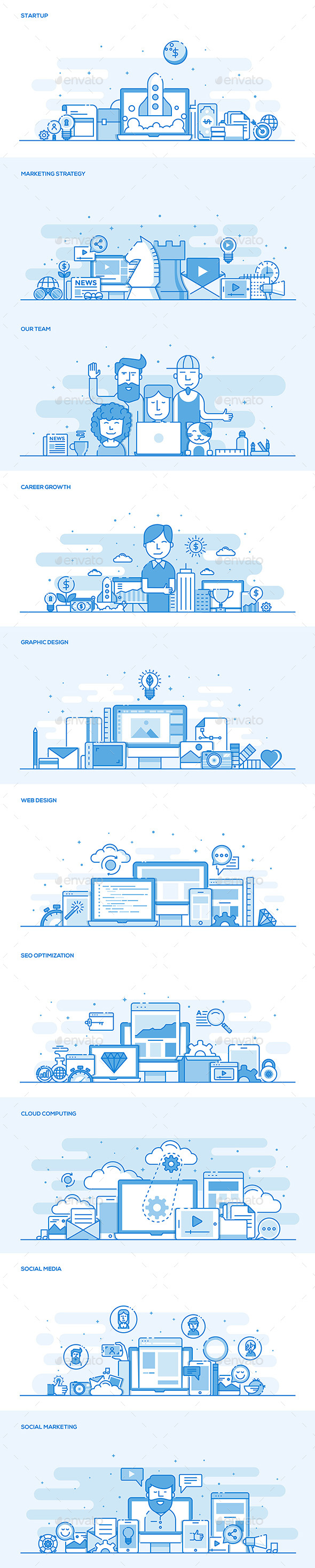 扁平彩色条幅 Banner 素材 Set of Flat Line Color Banners（三）