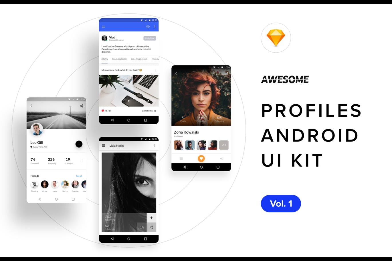 安卓社交APP应用用户中心界面设计模板v1[SKETCH] Android UI Kit – Profiles Vol. 1 (Sketch)