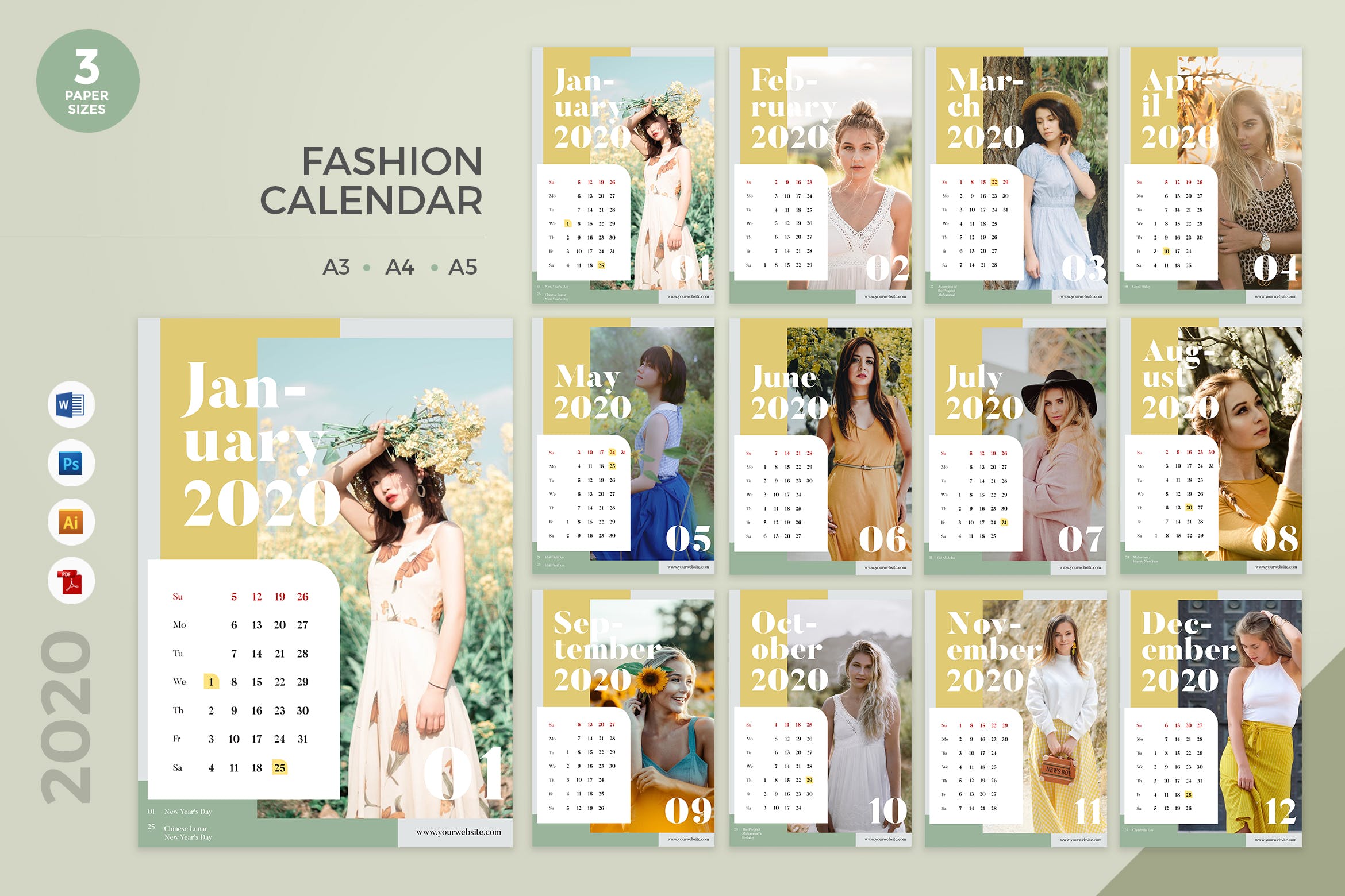 时尚服饰品牌定制设计2020年日历表设计模板 Fashion Calendar 2020 Calendar – AI, DOC, PSD