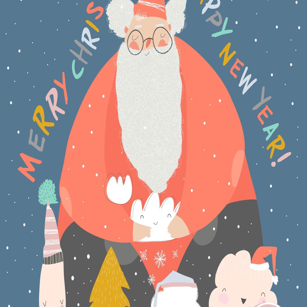 圣诞老人主题矢量手绘插画 Funny Santa Claus with winter trees. Vector illust插图