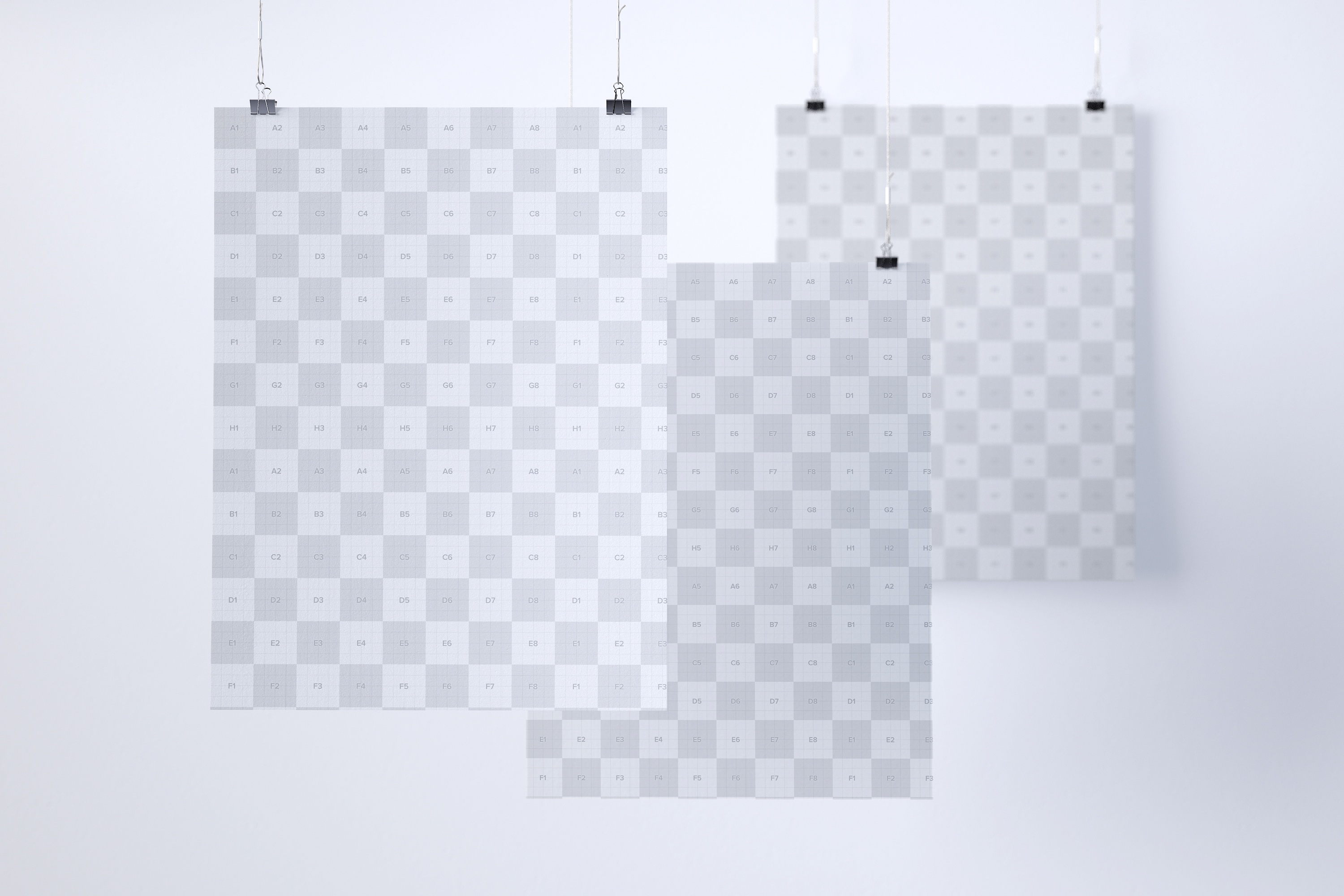 悬挂式创意海报设计展示样机模板 Three 2:3 portrait poster mockup, hanging