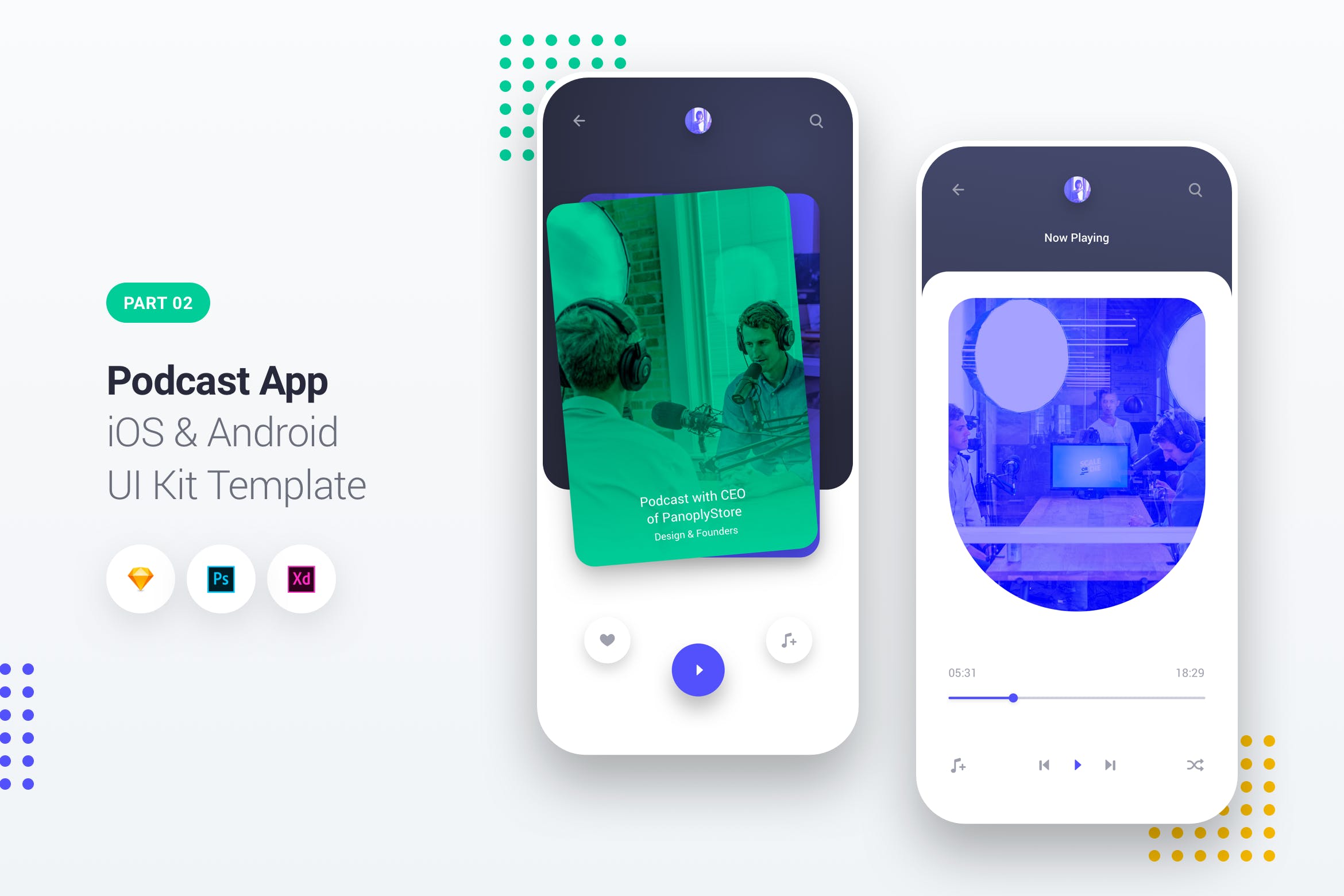 播客APP应用iOS&Android界面设计UI套件2 Podcast Player App iOS & Android UI Kit Template 2