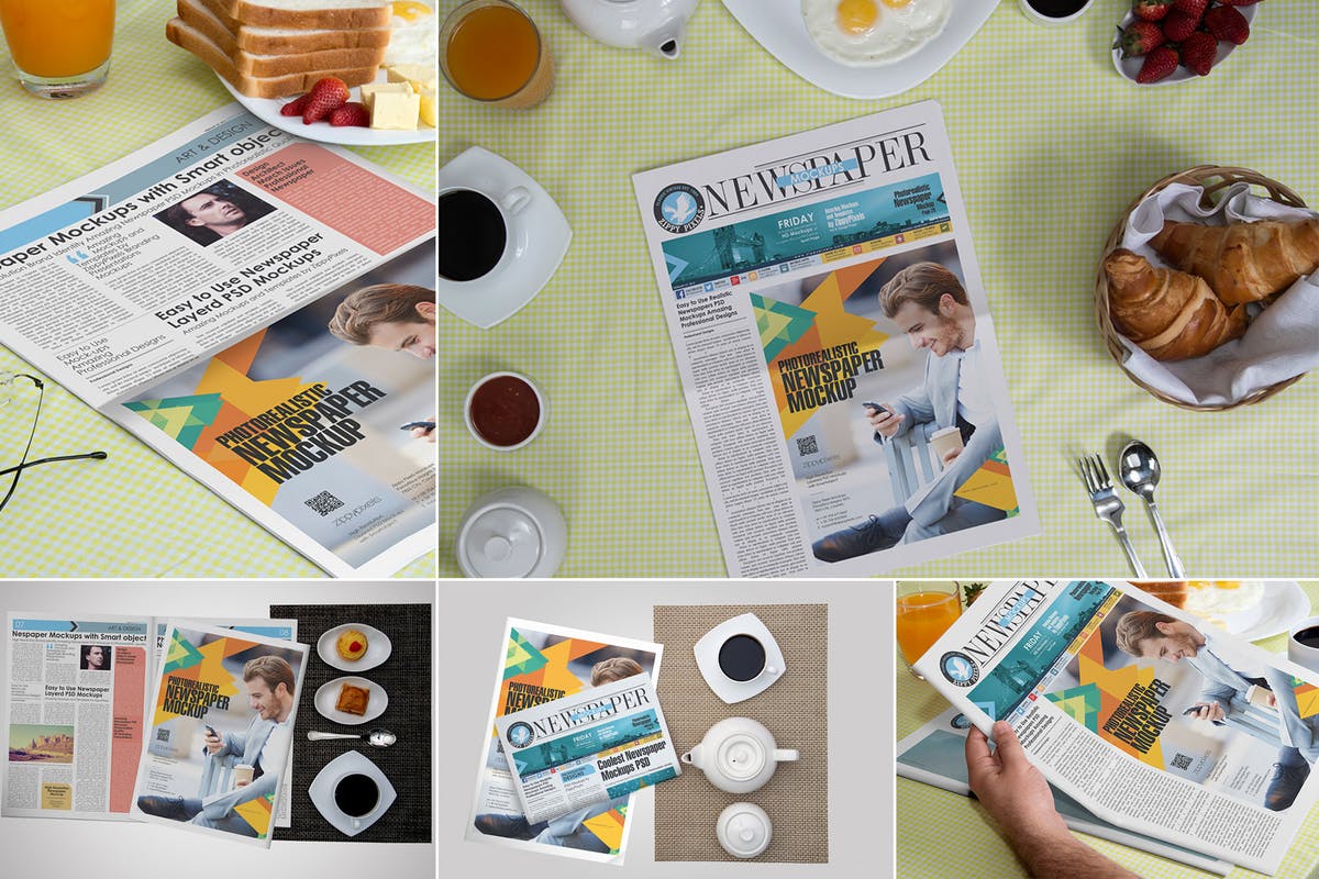 早餐读报场景报纸广告设计样机 Newspaper Ad Design Mockups