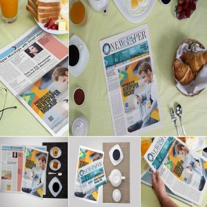 早餐读报场景报纸广告设计样机 Newspaper Ad Design Mockups