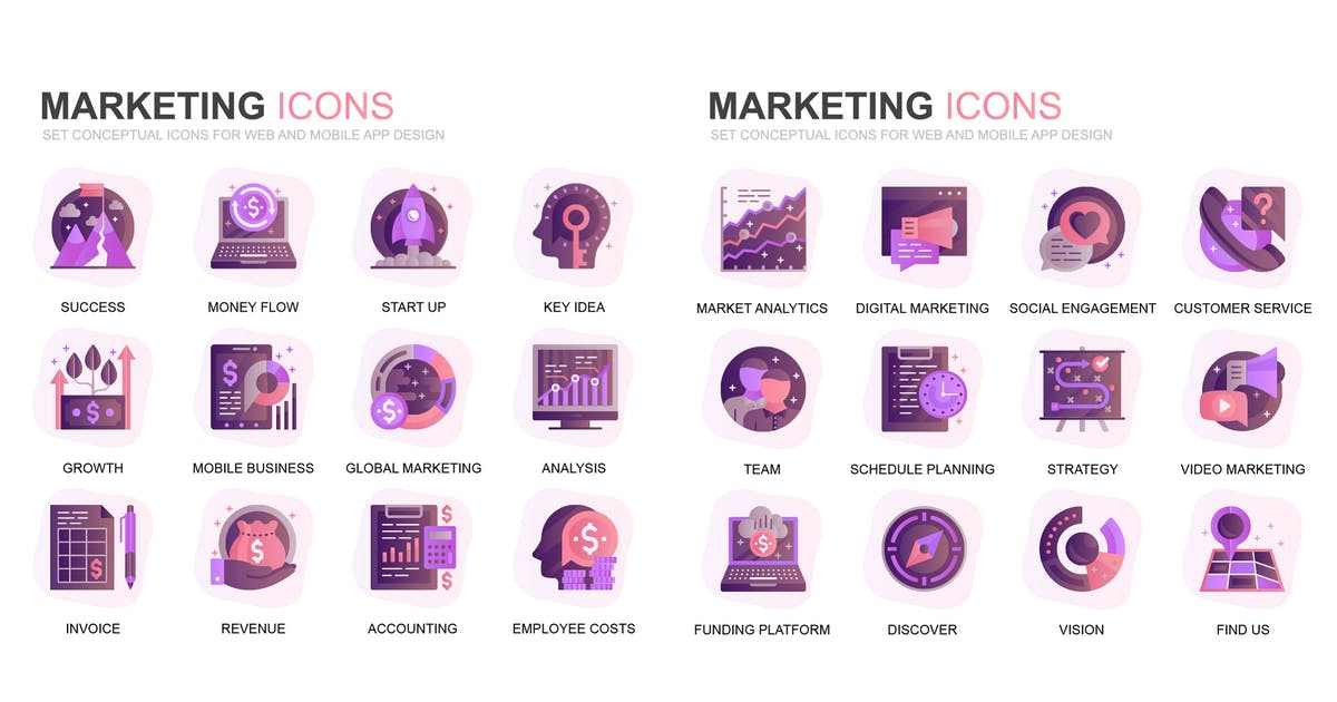 现代扁平化渐变设计风格市场营销主题图标素材