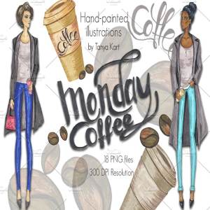 星期一咖啡元素手绘剪贴画 Monday Coffee Hand-painted Clipart