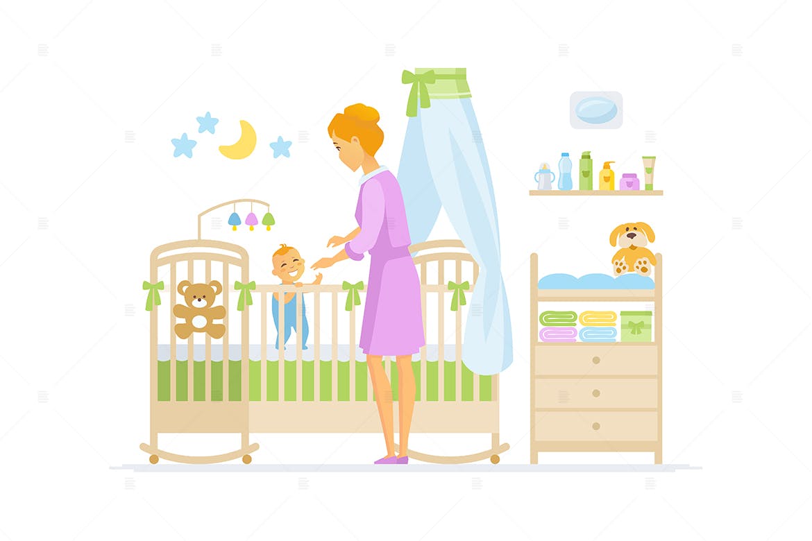 婴儿看护场景卡通人物矢量插画 Mother with baby – cartoon characters illustration