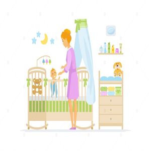 婴儿看护场景卡通人物矢量插画 Mother with baby – cartoon characters illustration